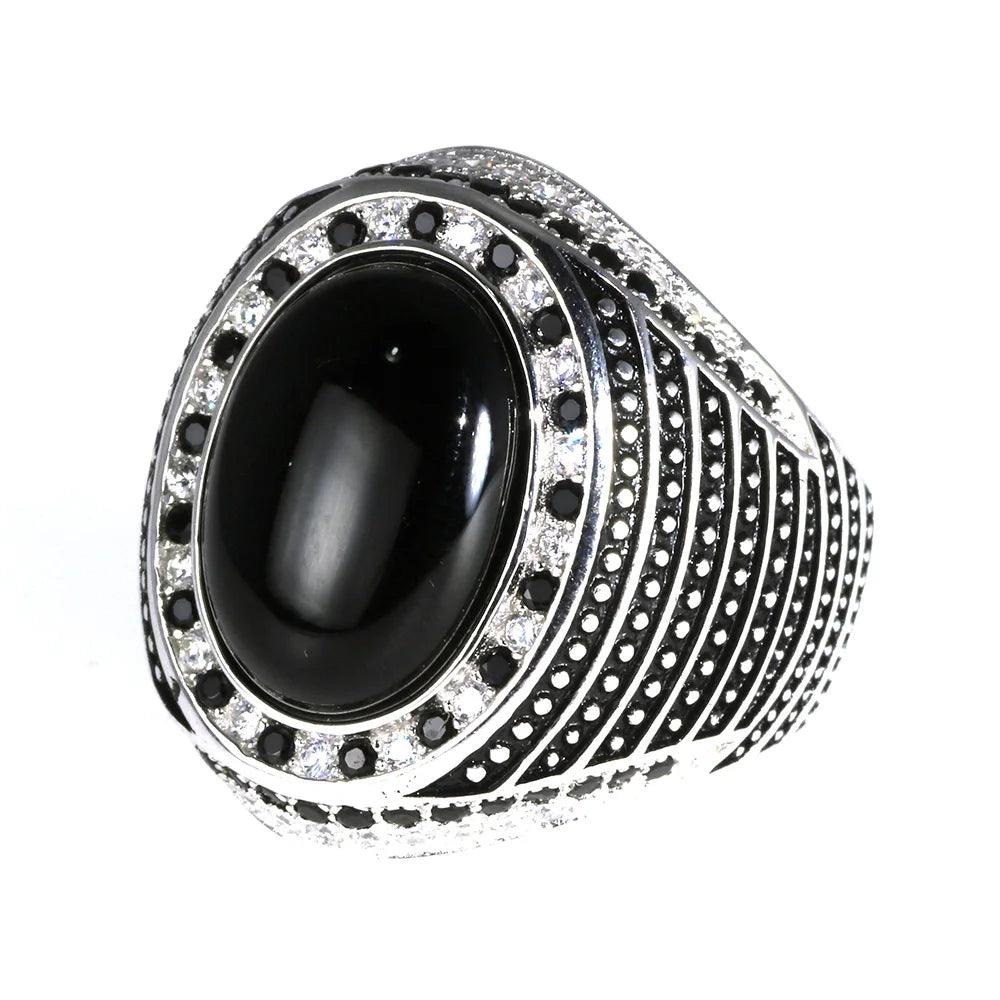 Real Pure 925 Sterling Silver Rings For Men With Natural Onyx paved with Black Zircon Turkish Finger Rings Man Wedding Band - GQTORCH Jewelry