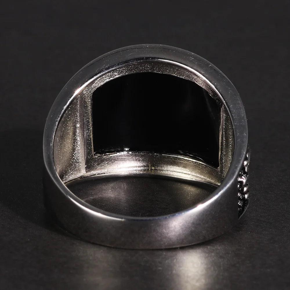 Vintage Punk 925 Rings With Natural Black Onyx Stone Unique Curved Surface Biker Rings For Men - GQTORCH Jewelry