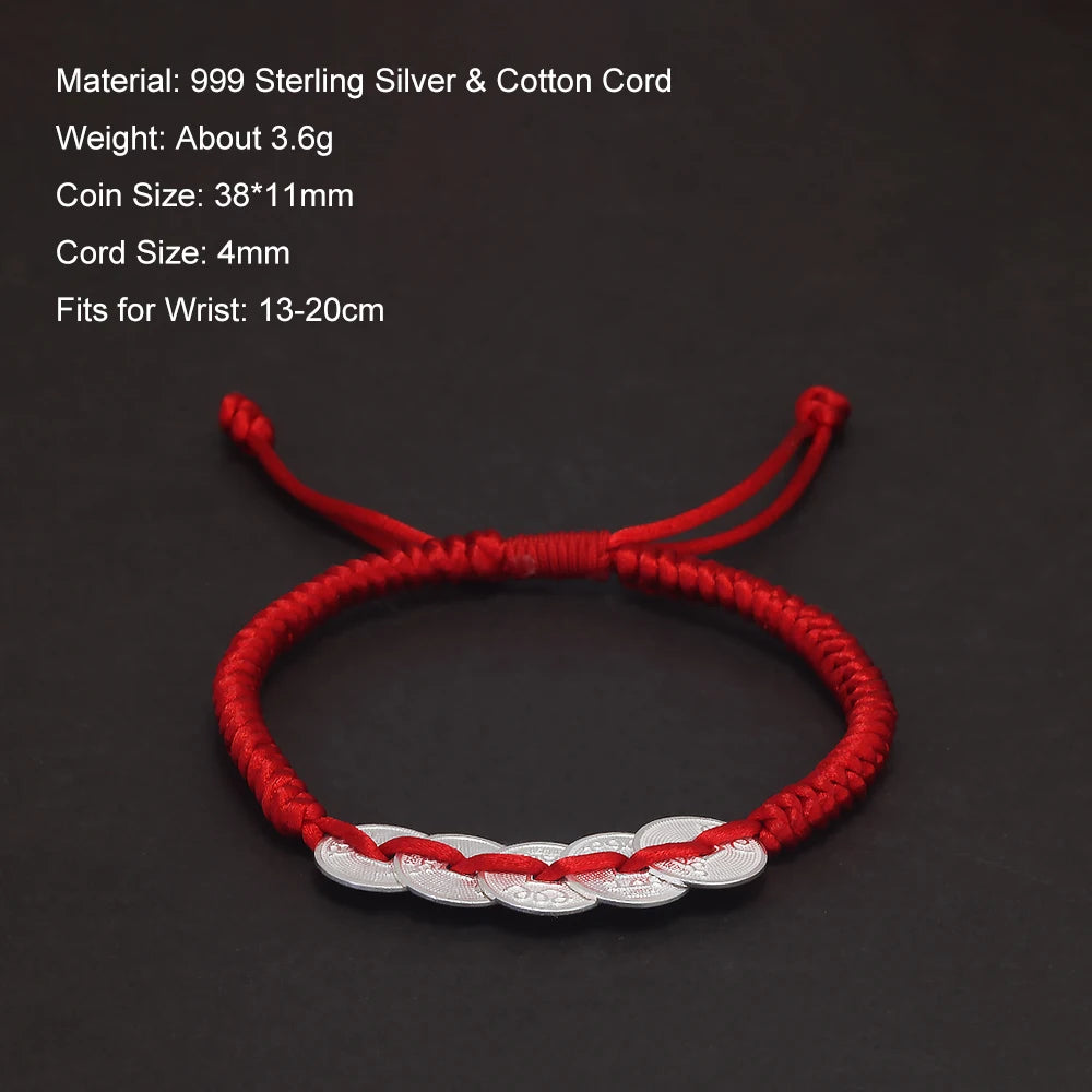 Handmade Braided Red Rope Lucky Bracelet Women Men 999 Sterling Silver Five Coins Money Wealth Charm Chinese Fengshui Jewelry