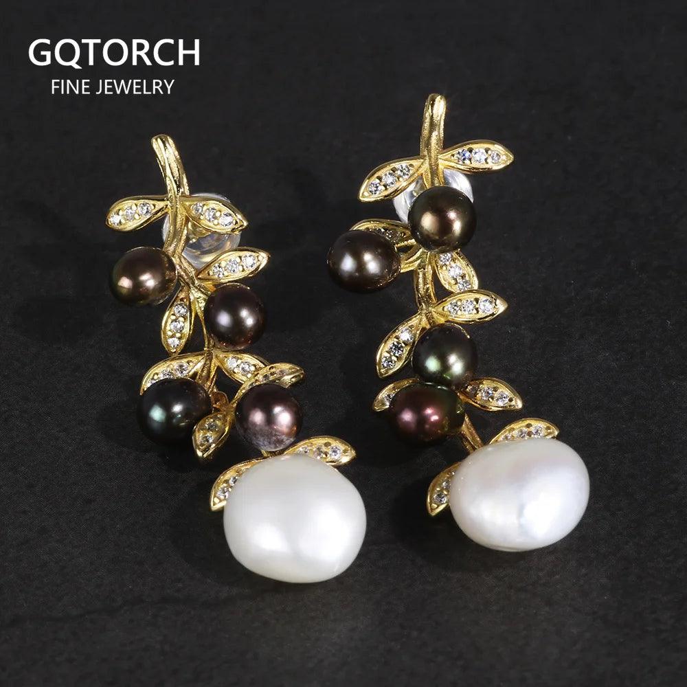 Wholesale 925 Sterling Silver Flower Dangle Earrings For Women With Natural Irregular Baroque Pearl Black and White Colors - GQTORCH Jewelry