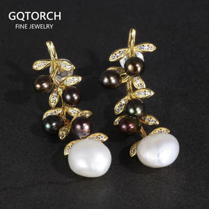 Wholesale 925 Sterling Silver Flower Dangle Earrings For Women With Natural Irregular Baroque Pearl Black and White Colors - GQTORCH Jewelry