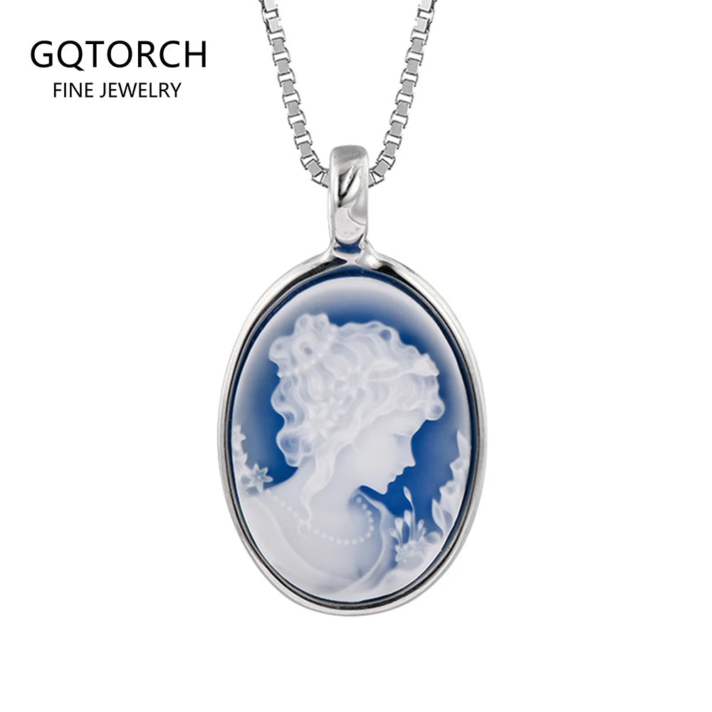 S925 Sterling Silver Natural Blue/Green Agate Goddess Oval Cameo Pendant Necklace for Women White Shell Trendy Elegant Vintage Jewelry