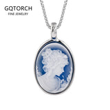 S925 Sterling Silver Natural Blue/Green Agate Goddess Oval Cameo Pendant Necklace for Women White Shell Trendy Elegant Vintage Jewelry