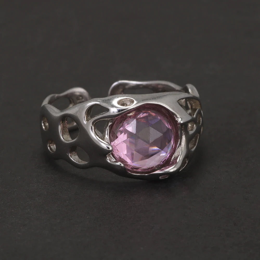 Authenic 925 Sterling Silver Opal Irregular Ring for Women Zircon Finger Rings Adjustable Vintage Y2K Fashion Jewelry