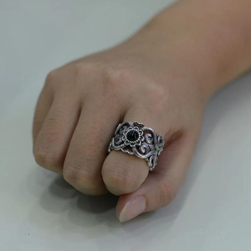 S925 Sterling Silver Vintage Thai Silver Inlaid Black Agate Ring Men and Women Hollow Pattern Wide Couple Rings Silver Ring - GQTORCH Jewelry