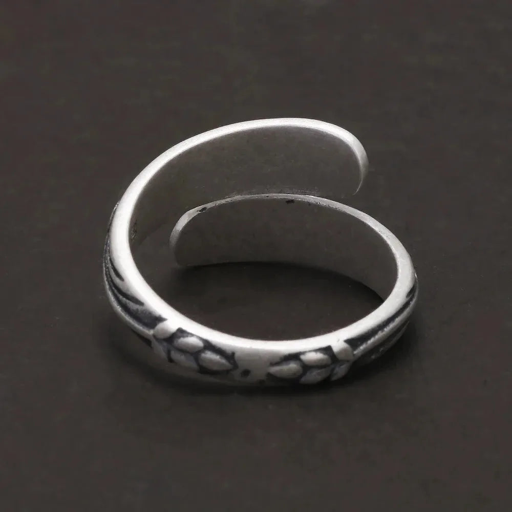 999 Pure Silver Retro Lotus Open Ring for Women Vintage Thai Silver Color Double Layer Adjustable Ethnic Female Jewelry Gift
