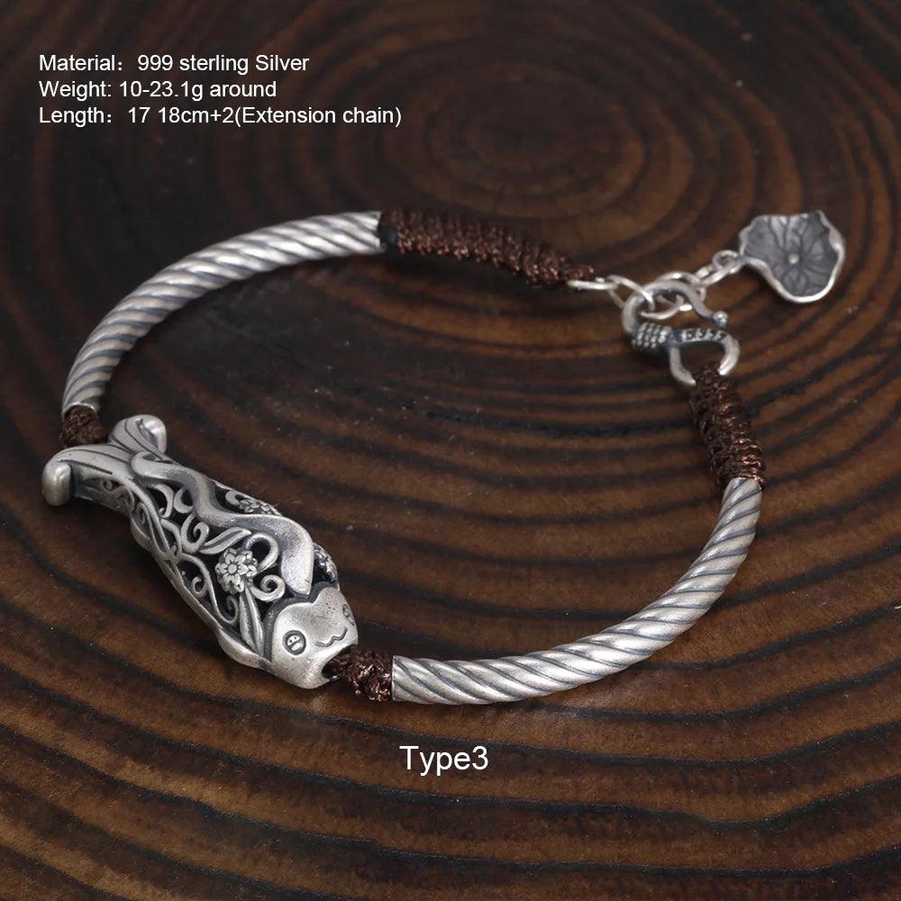 999 Silver Men and Women Pixiu Lucky Handmade Bracelet Leather Rope Adjustable Bracelet Lotus Leaf Fashion Animal Fish Jewelry - GQTORCH Jewelry