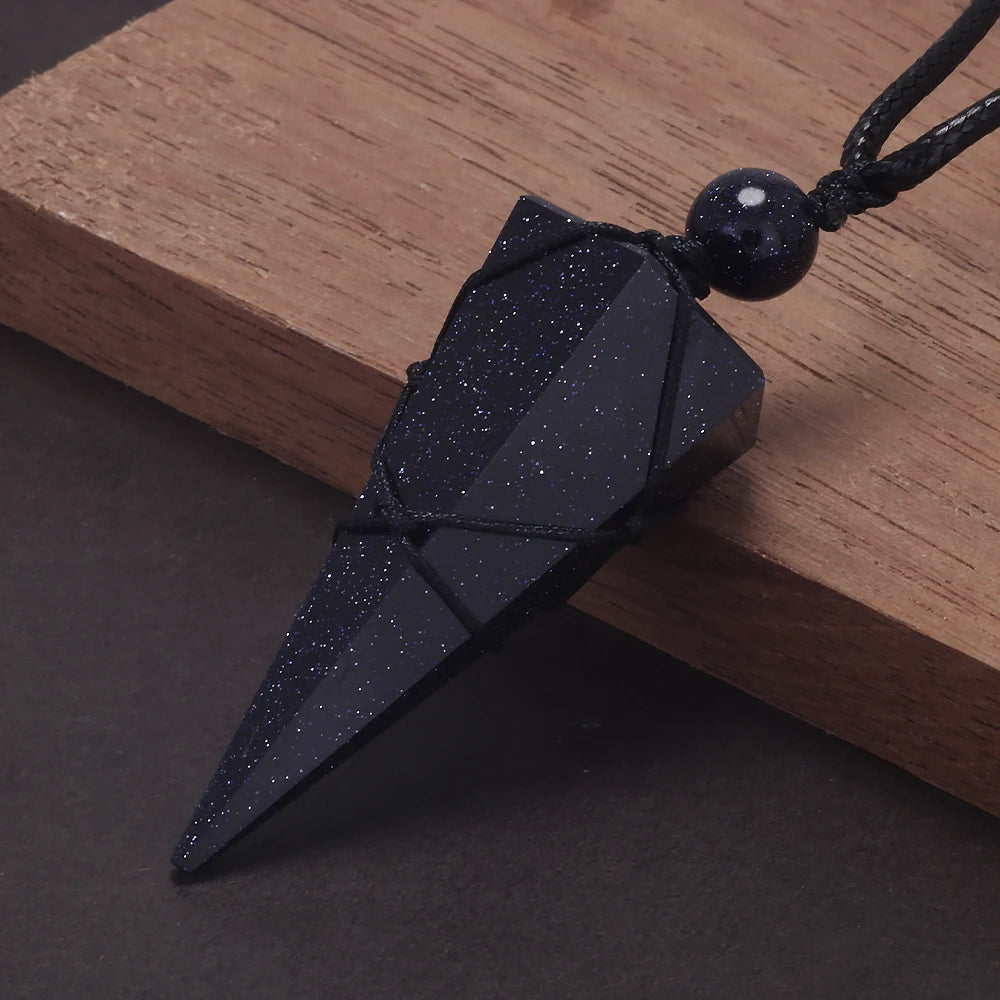 Natural Stone Geometric Pendant Necklace for Men Black Obsidian Blue Sandstone Adjusted Leather Rope Retro Vintage Jewelry