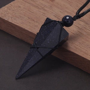 Natural Stone Geometric Pendant Necklace for Men Black Obsidian Blue Sandstone Adjusted Leather Rope Retro Vintage Jewelry
