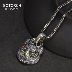 Real S925 Sterling Silver Garnet Pendant Owl Necklace Men's and Women's Retro Jewelry - GQTORCH Jewelry