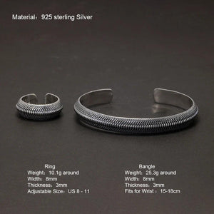 S925 Sterling Silver Dragon Scale Vintage Simple Style Opening Ring Bracelet for Man Size 8-11 Bangle Set Fine Jewelry - GQTORCH Jewelry