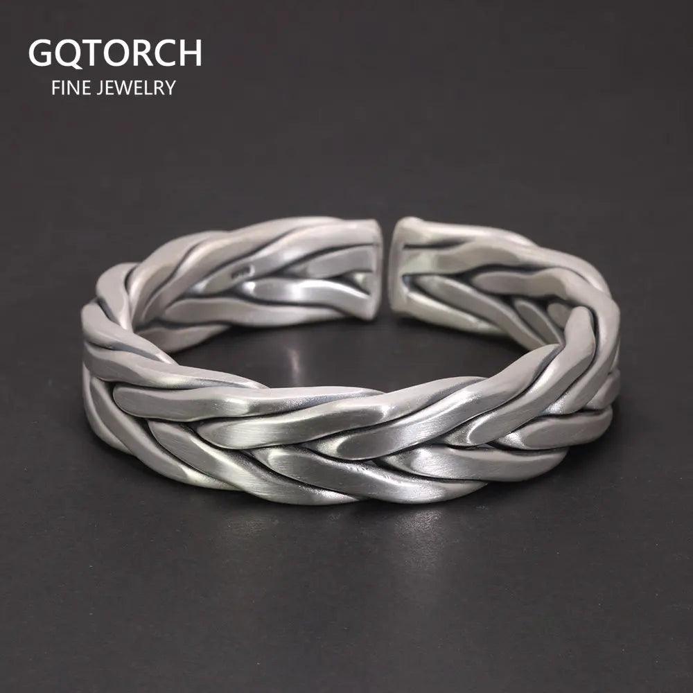 Heavy 999 Sterling Silver Braided Bracelet For Men Retro Solid Thick Handmade Viking Jewelry Opening Adjustable - GQTORCH Jewelry