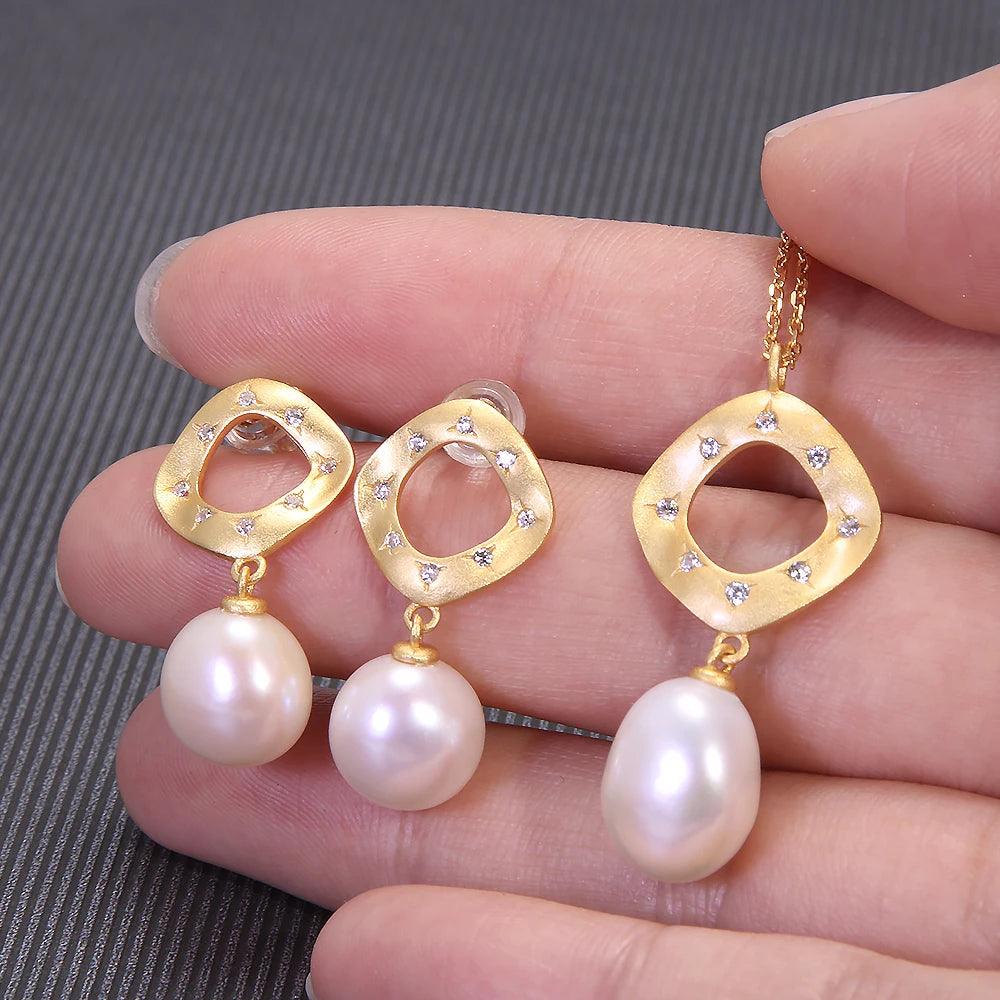 S925 Silver Gold Plated Pearl Necklace and Earrings Natural Freshwater Pearl Jewelry Set Matte Geometric Elegant Accessories - GQTORCH Jewelry