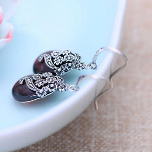 Vintage Dangling Earrings Real 925 Sterling Silver Jewelry Natural Garnet Red Stone Carved Flower Drop Shaped Earrings for Women - GQTORCH Jewelry