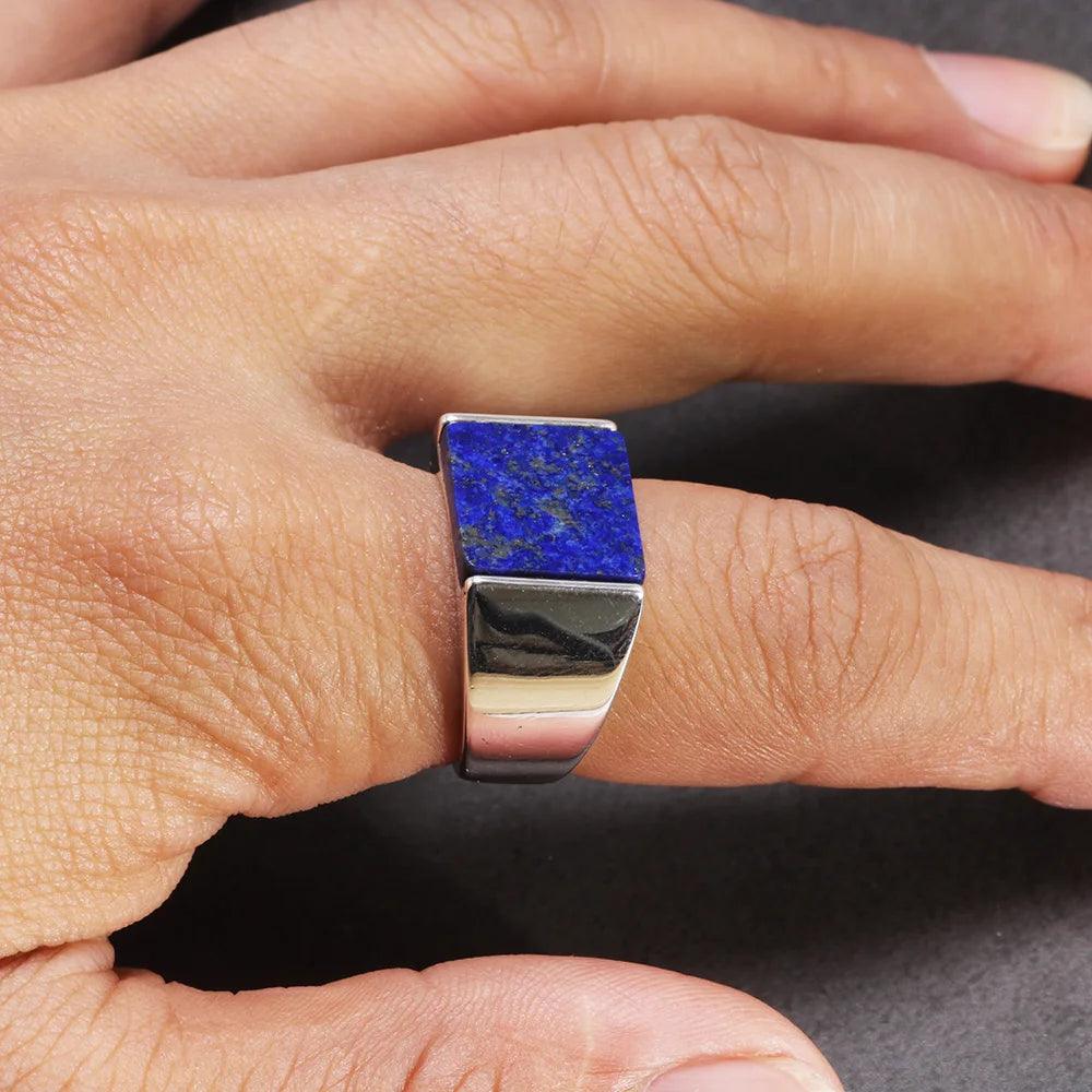 Solid 925 Sterling Silver Square Lapis Lazuli Agate Ring for Men Natural Gemstone Simple Classic Male Jewelry - GQTORCH Jewelry