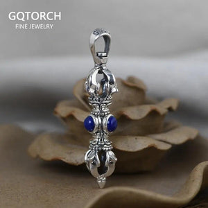 Real Solid 925 Sterling Silver Buddhism Vajra Pendant For Men and Women with Natural Lapis Turquoise Onyx Stone Amulet Jewelry - GQTORCH Jewelry