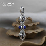 Real Solid 925 Sterling Silver Buddhism Vajra Pendant For Men and Women with Natural Lapis Turquoise Onyx Stone Amulet Jewelry - GQTORCH Jewelry