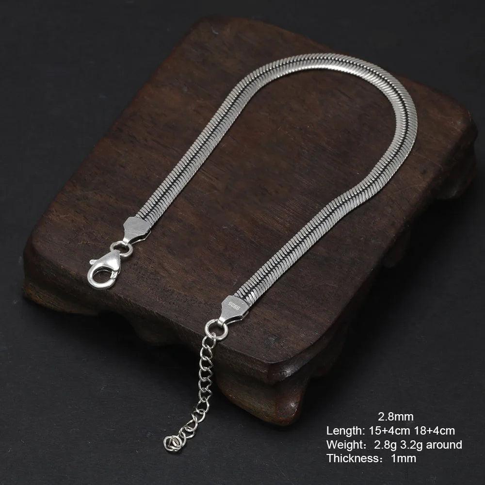 Real 925 Sterling Silver Blade Snake Chain Bracelet Simple with 4 Extension Delicate Fine Jewelry Gift for Men and Women - GQTORCH Jewelry