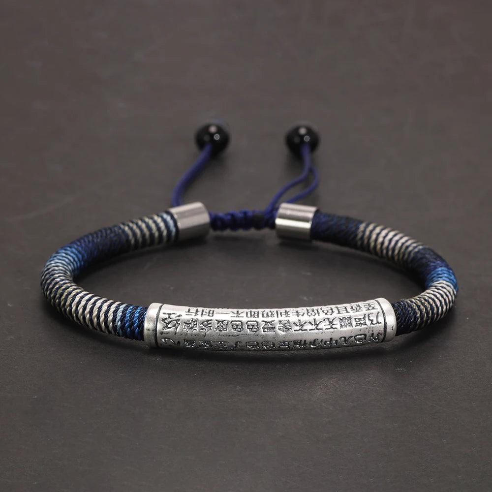 Men's Handwoven Rope Bracelet 999 Sterling Silver Tube Heart Sutra Carved Curved Lucky Rope Adjustable Chain Religious Jewelry - GQTORCH Jewelry
