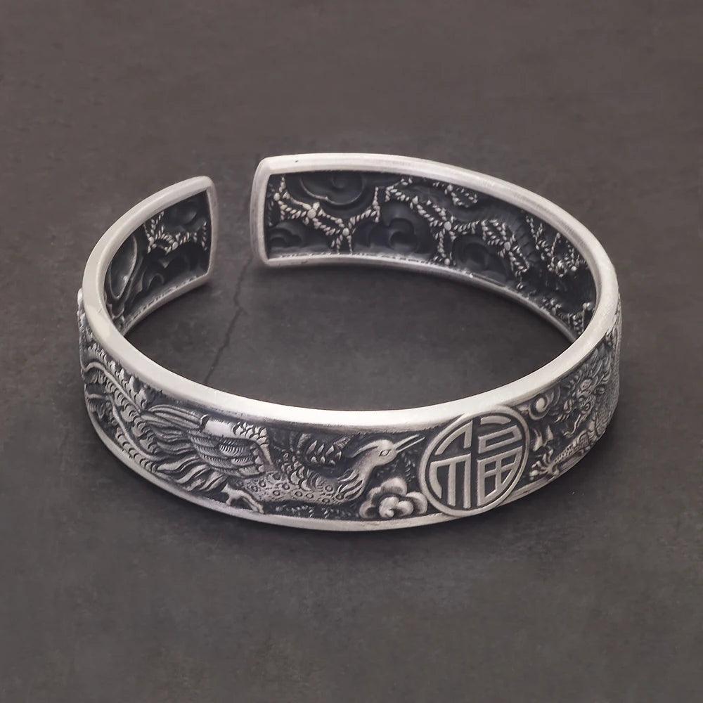 999 Pure Silver Dragon Phoenix Blessing Open Cuff Bracelet Retro Men‘s Bangle Vintage Chinese Auspicious Feng Shui Luck Jewelry - GQTORCH Jewelry