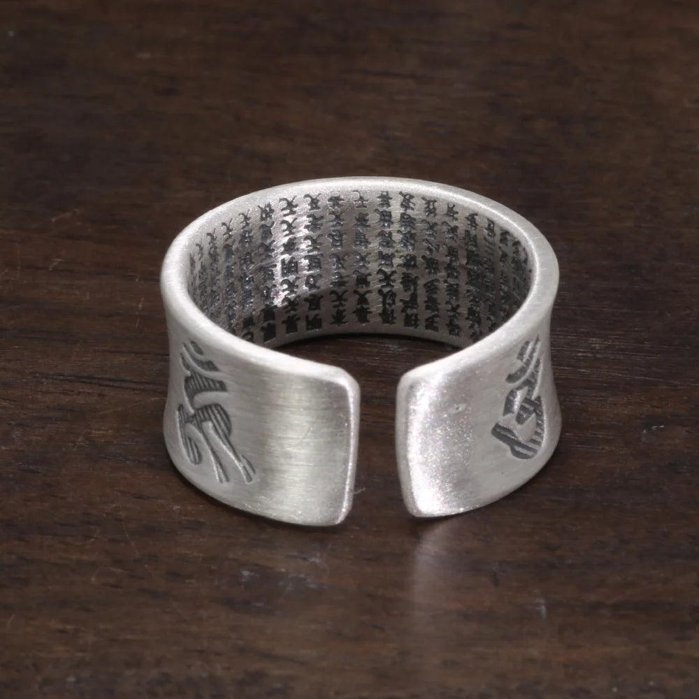 Real 999 Pure Silver Buddhist Mantra Rings for Men and Women Prajnaparamita Hrdaya Sutra Adjustable Religion Jewellery - GQTORCH Jewelry