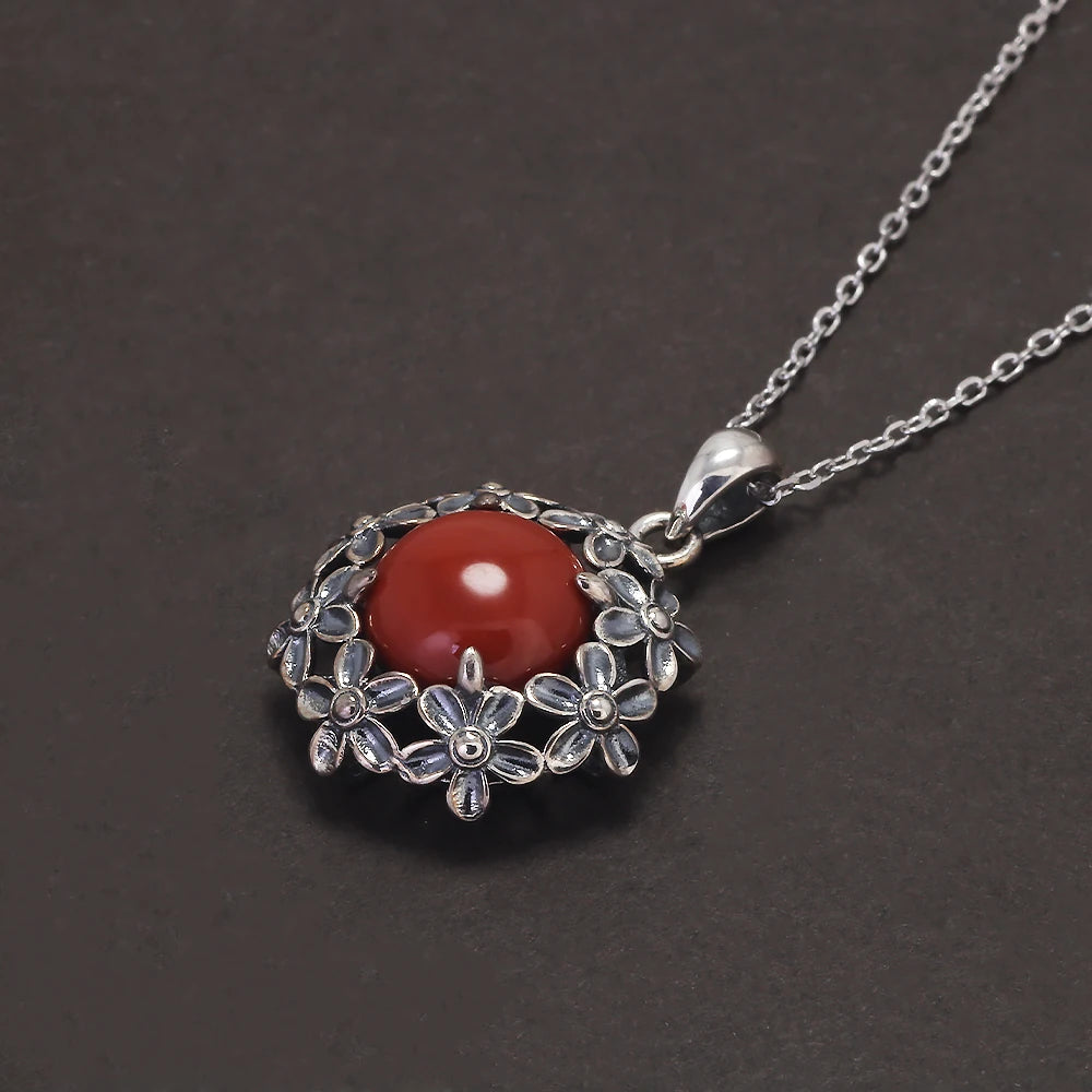 925 Sterling Silver Red Agate or Jade Floral Jewelry Set for Women Begonia Flower Ring Earrings Necklace Elegant Vintage Jewelry