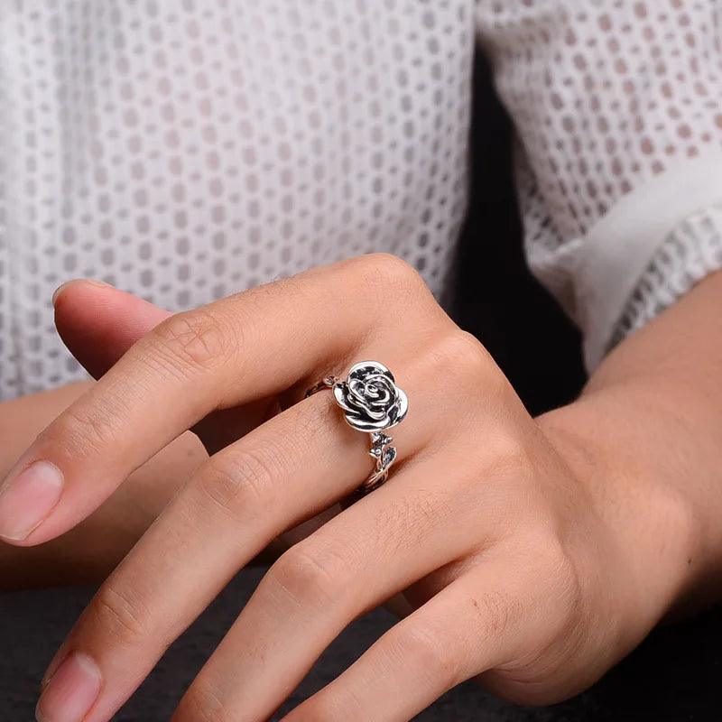 Vintage Thai Silver Cubic Rose Rings 100% Genuine 925 Sterling Silver Party Flowers Rings For Women Floral Elegant Jewelry - GQTORCH Jewelry