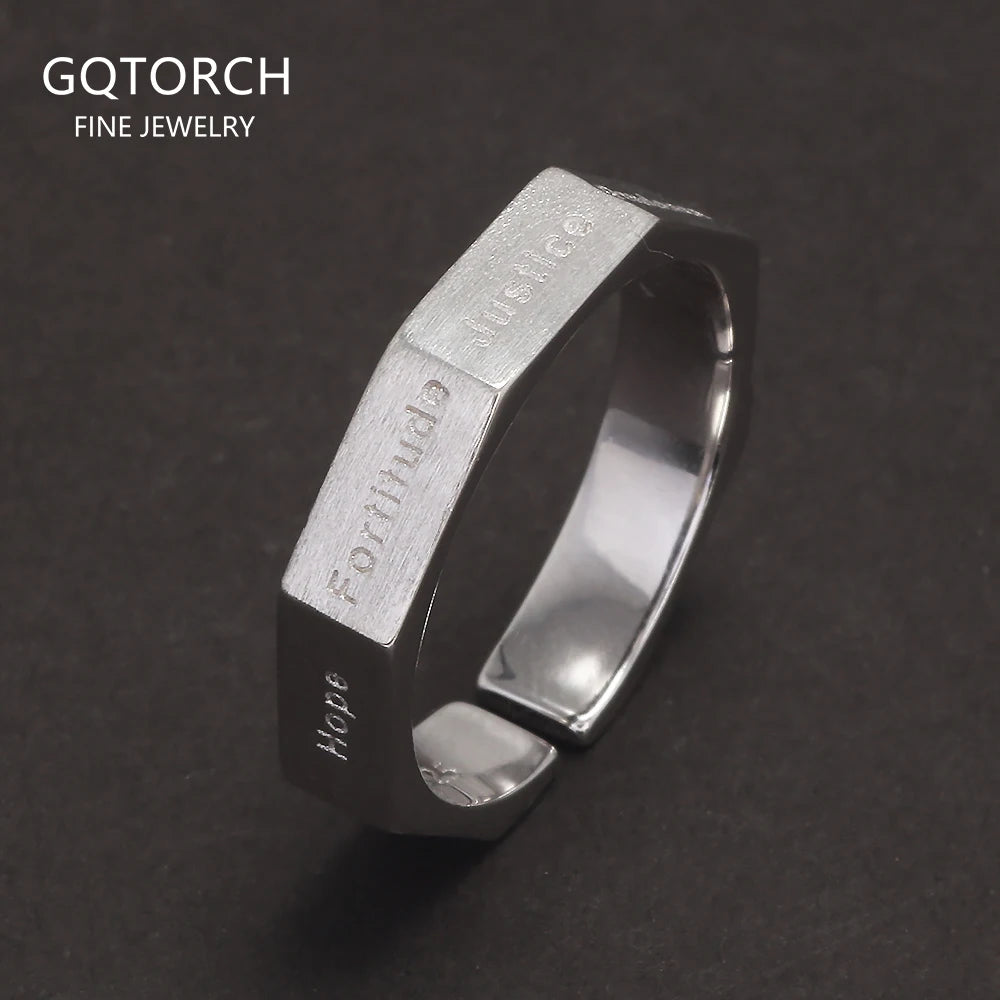 S925 Sterling Silver Faith Virtue Christian Ring for Women Men Seven Virtues Engraved Band Adjustable Geometric Antiqued Jewelry