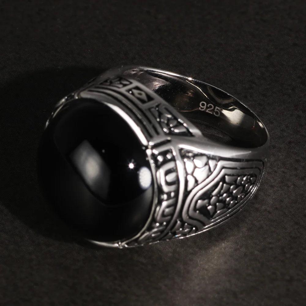 Real Pure 925 Silver Rings Cool Vintage Ring With Round Black Natural Stones Turkish Rings For Men Sterling Silver Jewelry - GQTORCH Jewelry
