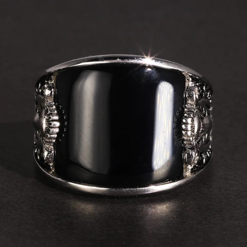 Vintage Punk 925 Rings With Natural Black Onyx Stone Unique Curved Surface Biker Rings For Men - GQTORCH Jewelry