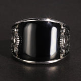 Vintage Punk 925 Rings With Natural Black Onyx Stone Unique Curved Surface Biker Rings For Men - GQTORCH Jewelry