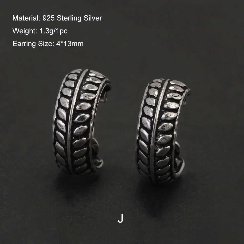 Real 925 Sterling Silver Retro Hoop Earrings for Women Men Geometric Heart Wheat Leaf Whale Vintage Punk Rock Ear Jewelry Gift