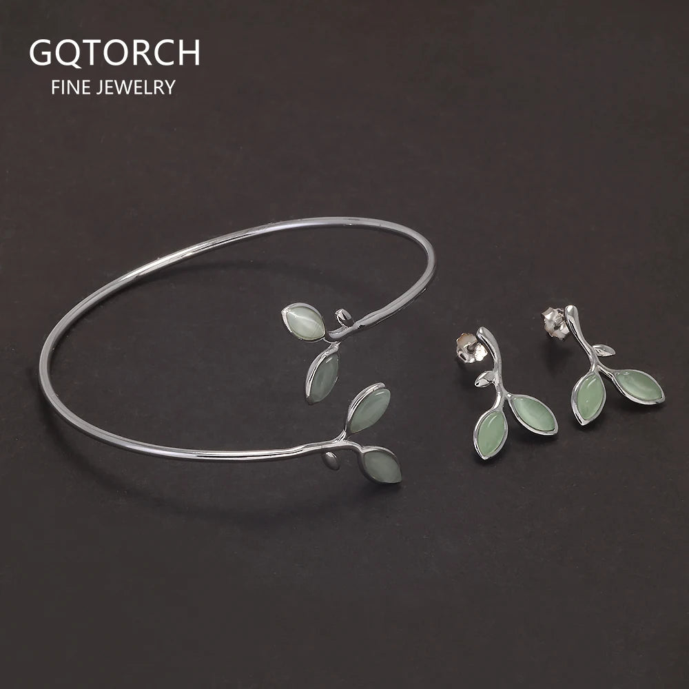 925 Sterling Silver Leaf Open Cuff Bracelet Earrings with Opal Jewelry Set for Girl Women Vintage Elegant Trendy Style