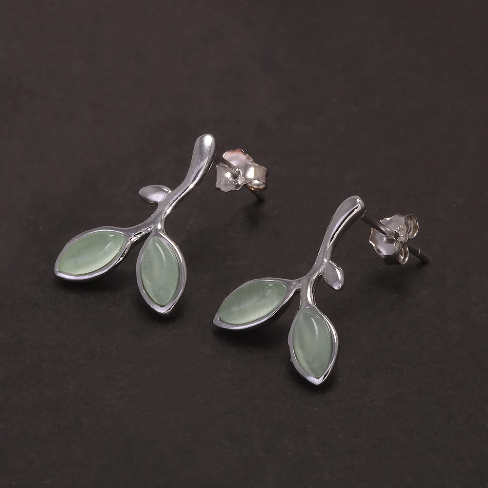 925 Sterling Silver Leaf Open Cuff Bracelet Earrings with Opal Jewelry Set for Girl Women Vintage Elegant Trendy Style