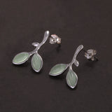 925 Sterling Silver Leaf Open Cuff Bracelet Earrings with Opal Jewelry Set for Girl Women Vintage Elegant Trendy Style