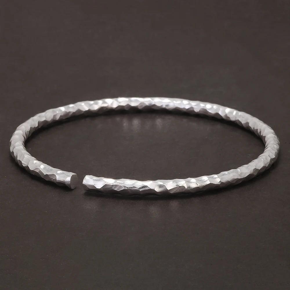 Solid 999 Pure Silver Hammered Cuff Bangle for Women Minimalist Retro Design Birthday Party Jewelry for Lady - GQTORCH Jewelry