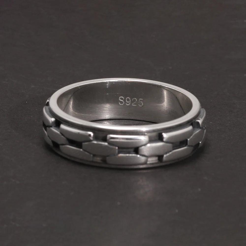 Real S925 Sterling Silver Spinner Rings Irregular Chain Design Retro Punk Style For Men Rotatable Index Finger Ring - GQTORCH Jewelry