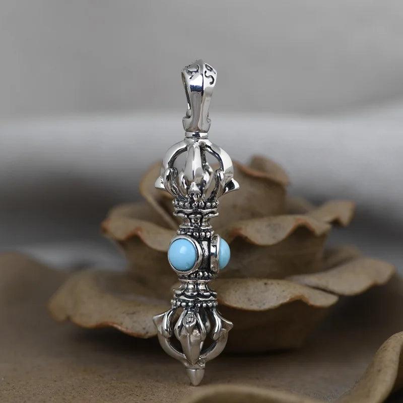 Real Solid 925 Sterling Silver Buddhism Vajra Pendant For Men and Women with Natural Lapis Turquoise Onyx Stone Amulet Jewelry - GQTORCH Jewelry