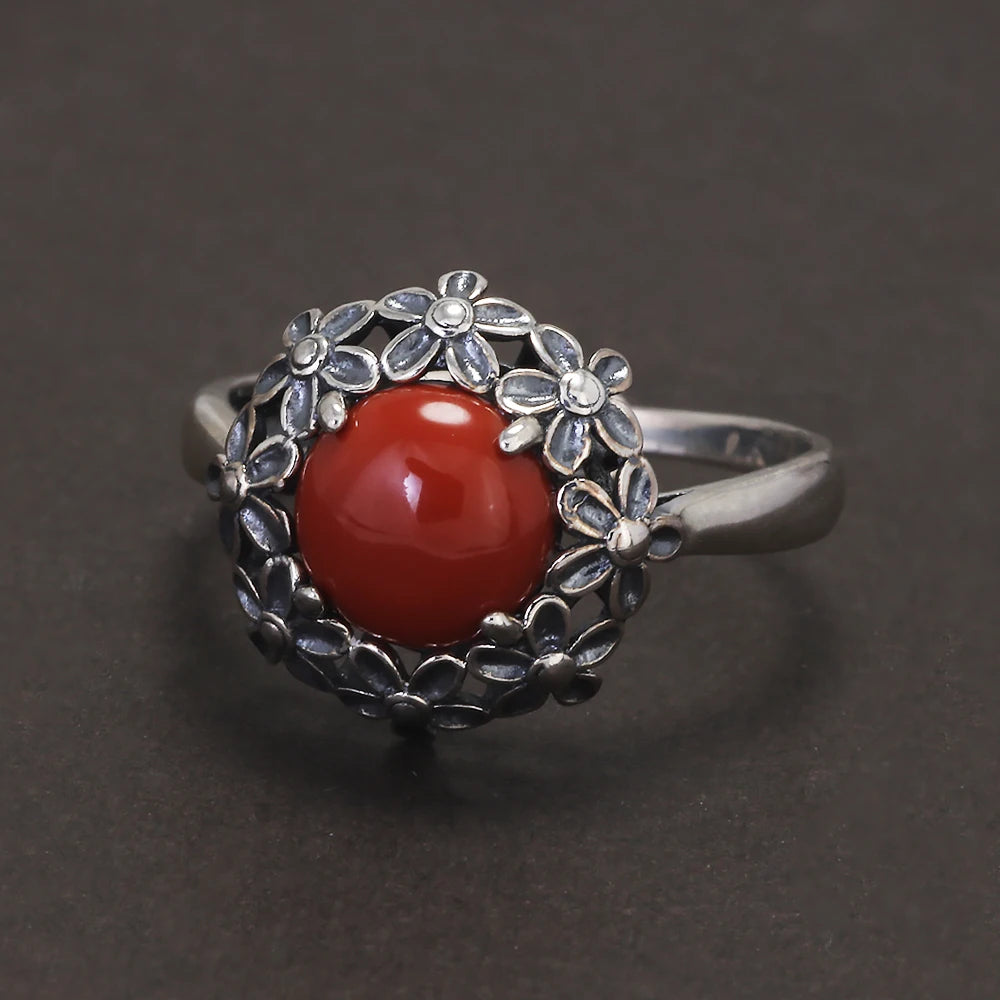 925 Sterling Silver Red Agate or Jade Floral Jewelry Set for Women Begonia Flower Ring Earrings Necklace Elegant Vintage Jewelry