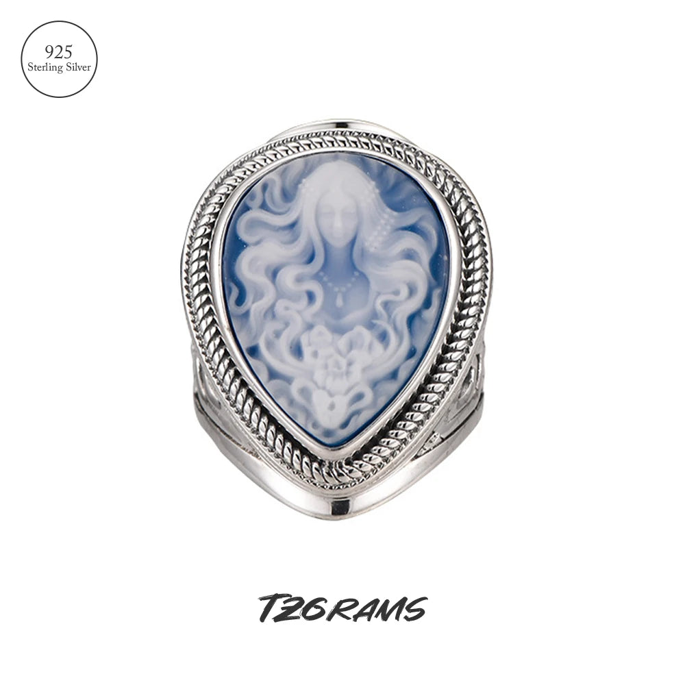 Genuine 925 Sterling Silver Blue Agate Medusa Cameo Ring for Women White Shell Statement Ring Vintage Fashion Party Jewelry