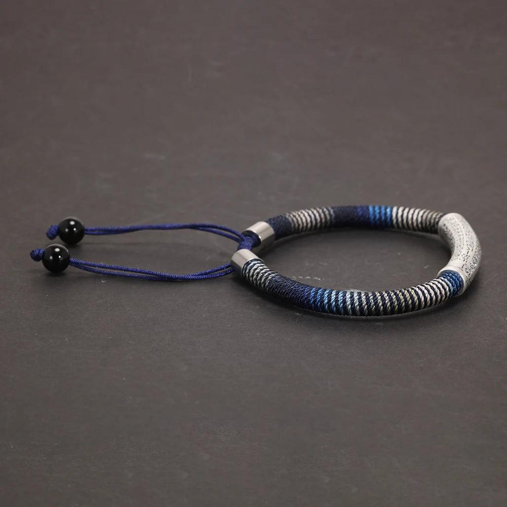 Men's Handwoven Rope Bracelet 999 Sterling Silver Tube Heart Sutra Carved Curved Lucky Rope Adjustable Chain Religious Jewelry - GQTORCH Jewelry