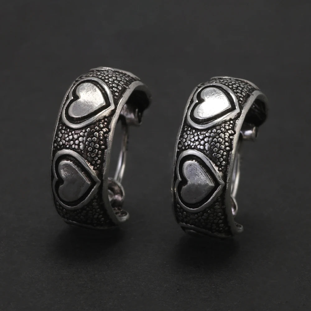 Real 925 Sterling Silver Retro Hoop Earrings for Women Men Geometric Heart Wheat Leaf Whale Vintage Punk Rock Ear Jewelry Gift