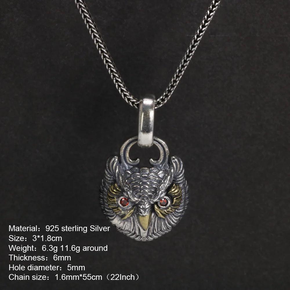 Real S925 Sterling Silver Garnet Pendant Owl Necklace Men's and Women's Retro Jewelry - GQTORCH Jewelry