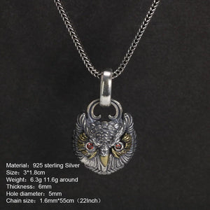 Real S925 Sterling Silver Garnet Pendant Owl Necklace Men's and Women's Retro Jewelry - GQTORCH Jewelry