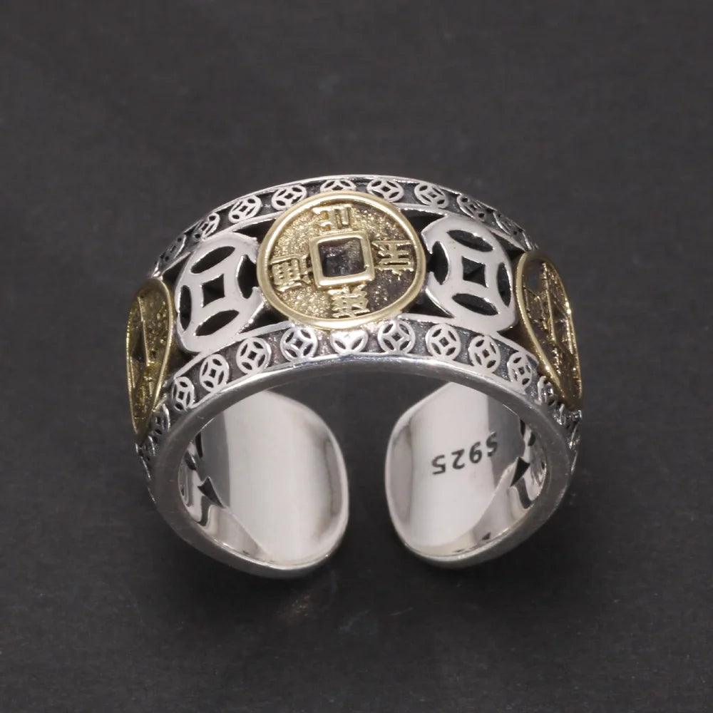 Real 925 Sterling Silver Men and Women's Five-emperor Coin Hollow-out Ring Adjustable Exquisite Vintage Good Lucky Jewelry - GQTORCH Jewelry