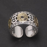 Real 925 Sterling Silver Men and Women's Five-emperor Coin Hollow-out Ring Adjustable Exquisite Vintage Good Lucky Jewelry - GQTORCH Jewelry