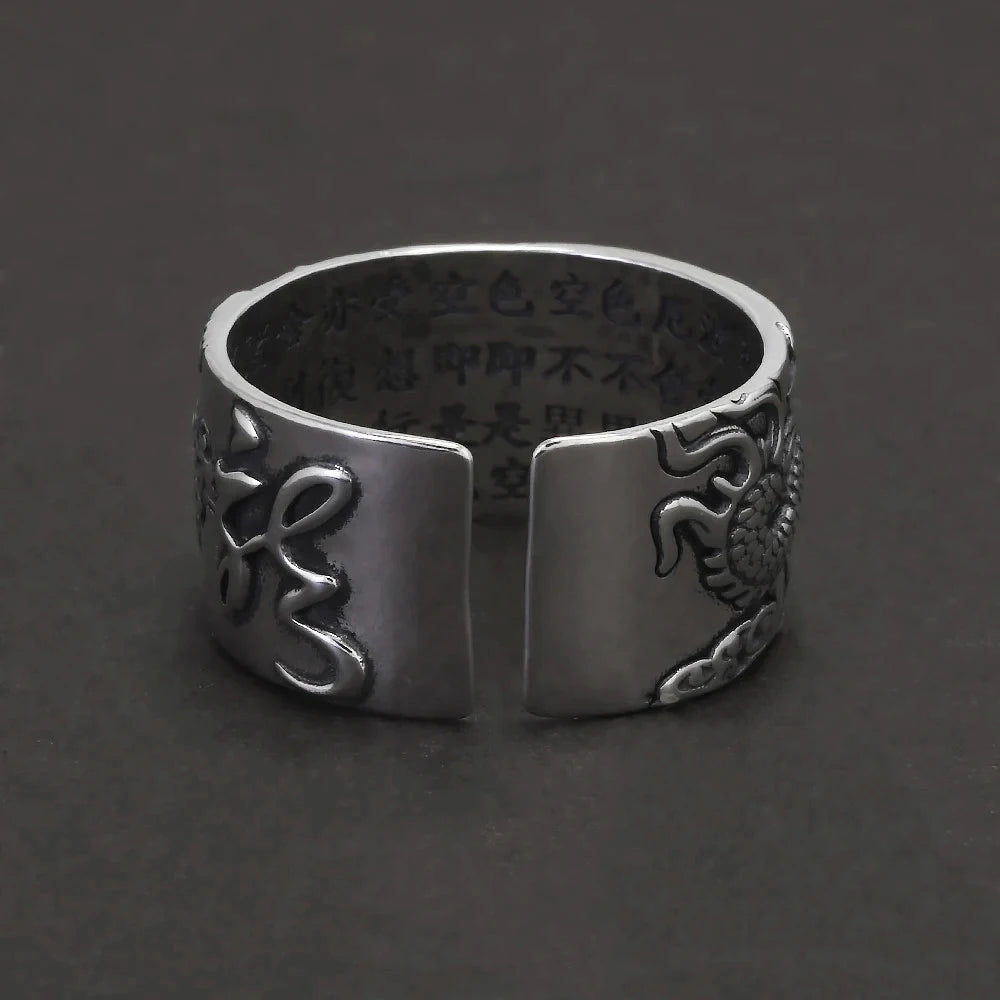925 Sterling Silver Dragon Ring Heart Sutra Engraved Men Women Opening Type Punk Retro Buddhist Jewelry Accessories