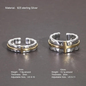 S925 Sterling Silver Thai Silver Ring Vintage Men's and Women's Wide Cross Ring Opening Adjustable Jewelry - GQTORCH Jewelry