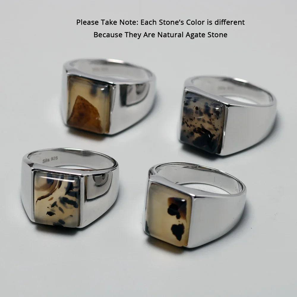 Real Pure 925 Sterling Silver Mens Rings with Natural Agate Original Color Simple Turkish Rings Trendy Male Jewelry - GQTORCH Jewelry