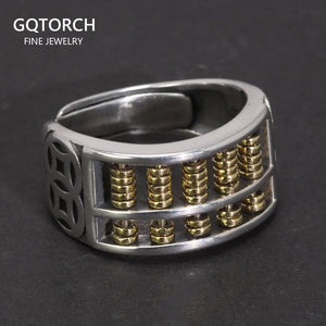 Real S925 Vintage Sterling Silver Wealth Coin Abacus Ring Open Style Men's and Women's Feng Shui Jewelry - GQTORCH Jewelry